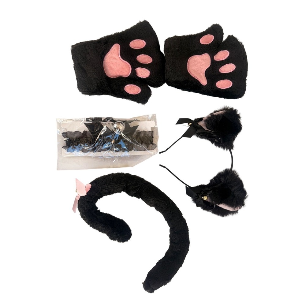 Halloween Plush Cat Animal Costume Set Ears, Paw Gloves, Choker, Headband & Tail - Picture 9 of 10